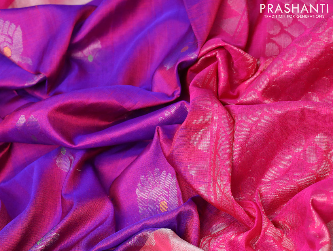 Pure uppada silk saree dual shade of purple and pink with silver zari woven buttas and silver zari woven butta border