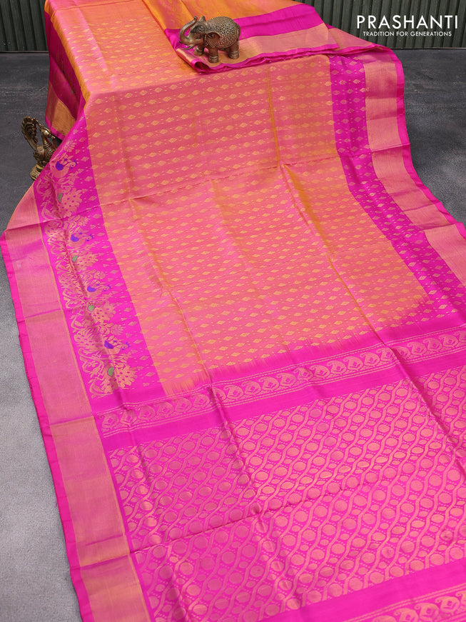 Pure uppada silk saree dual shade of yellow and pink with allover zari weaves and rich zari woven border