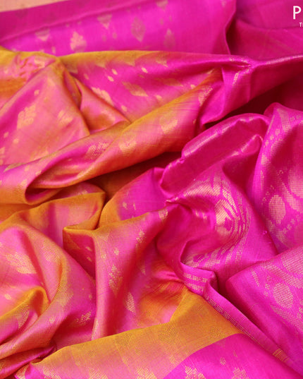 Pure uppada silk saree dual shade of yellow and pink with allover zari weaves and rich zari woven border