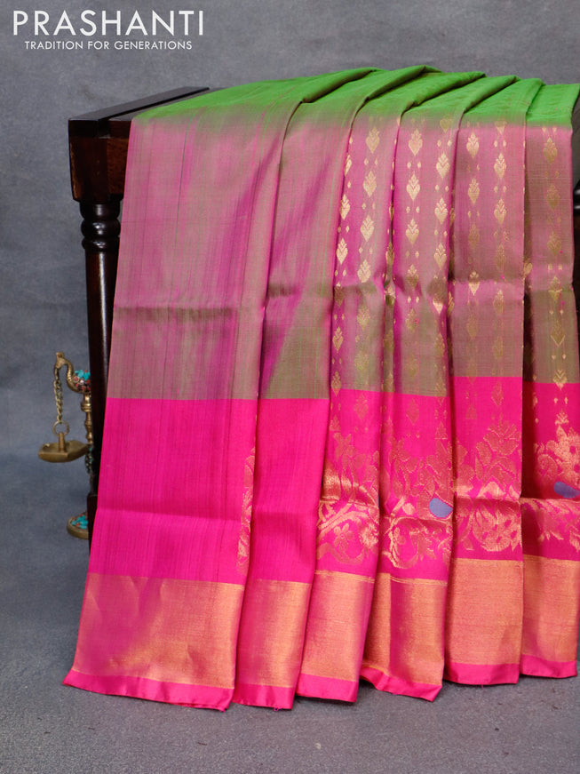 Pure uppada silk saree dual shade of green and pink with allover zari woven butta weaves and rich zari woven border