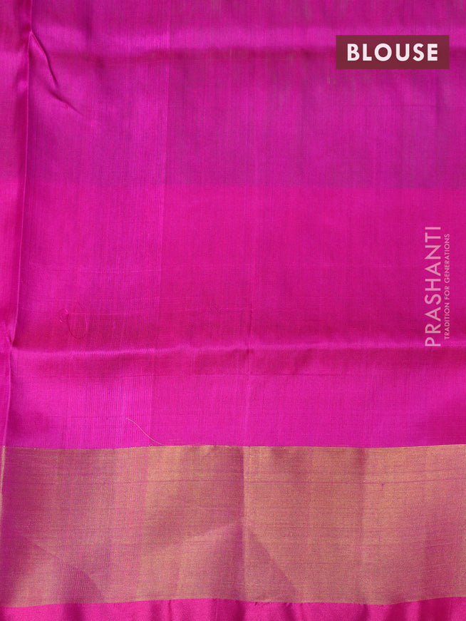 Pure uppada silk saree dual shade of green and pink with allover zari woven butta weaves and rich zari woven border