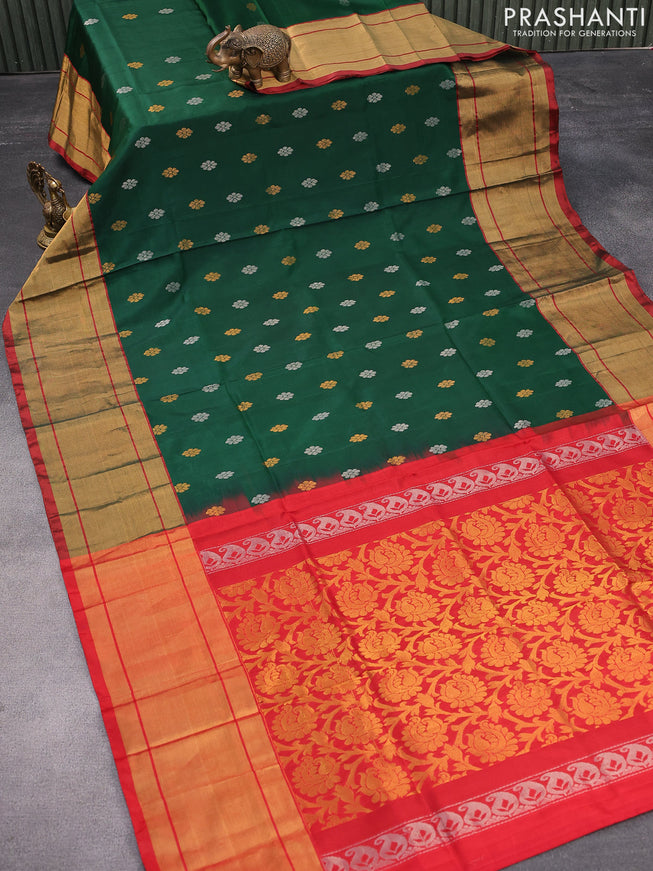 Pure uppada silk saree dark green and maroon with silver & gold zari woven floral buttas and long zari woven border