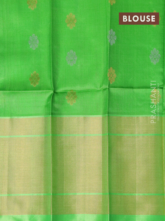 Pure uppada silk saree cs blue and light green with silver & gold zari woven floral buttas and long zari woven border