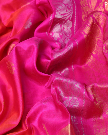 Pure uppada silk saree dual shade of pinkish orange and pink with silver & gold zari woven floral buttas and long zari woven border