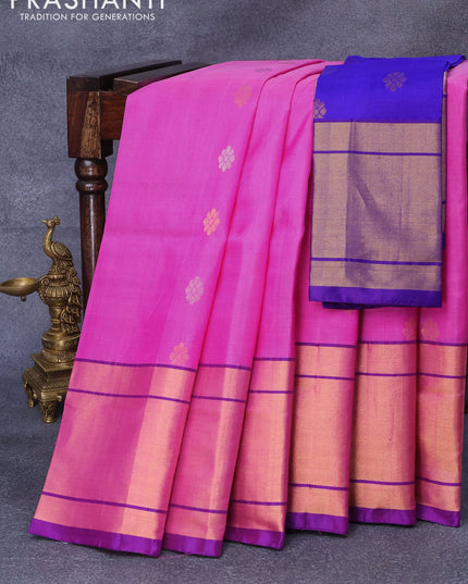 Pure uppada silk saree light pink and violet with silver & gold zari woven floral buttas and long zari woven border