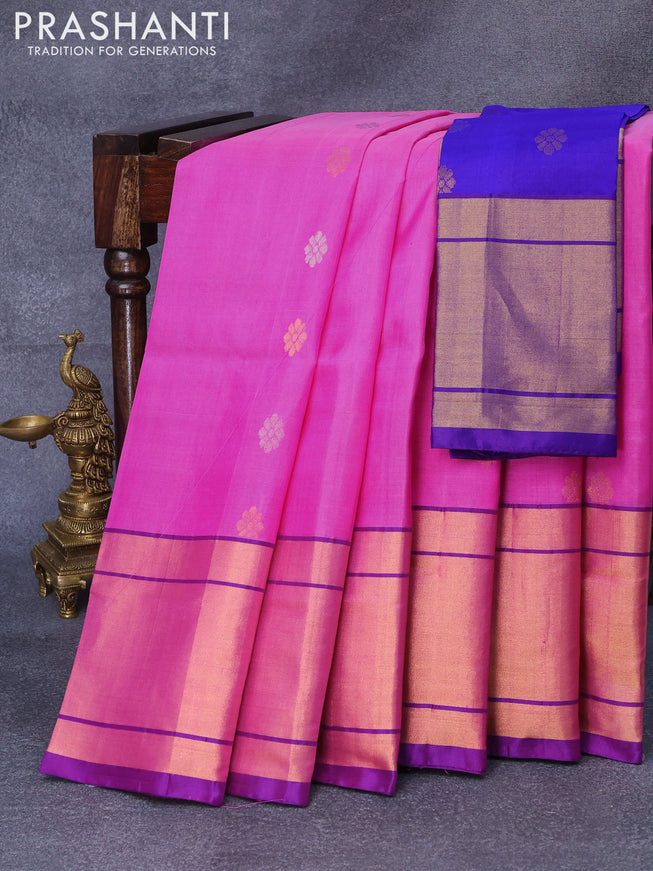 Pure uppada silk saree light pink and violet with silver & gold zari woven floral buttas and long zari woven border