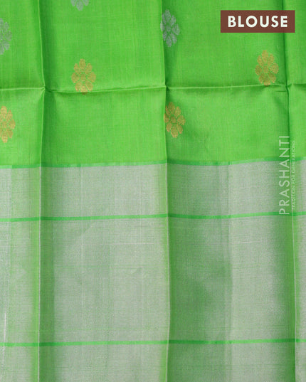 Pure uppada silk saree deep maroon and light green with silver & gold zari woven floral buttas and long zari woven border
