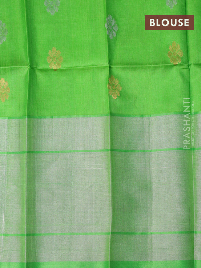 Pure uppada silk saree deep maroon and light green with silver & gold zari woven floral buttas and long zari woven border