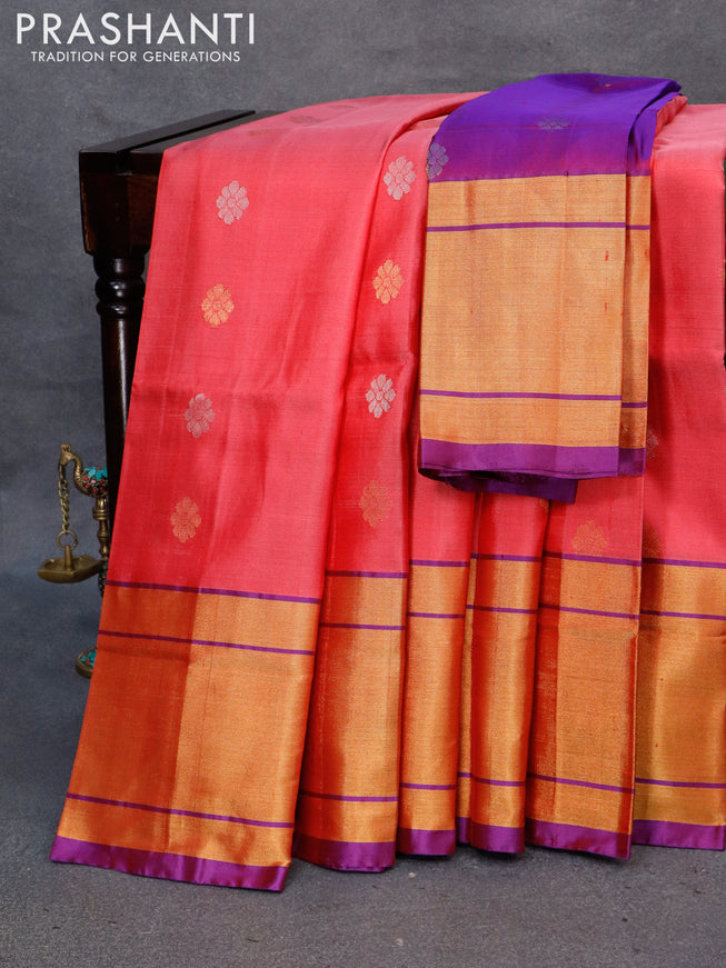 Pure uppada silk saree pink and violet with silver & gold zari woven floral buttas and long zari woven border