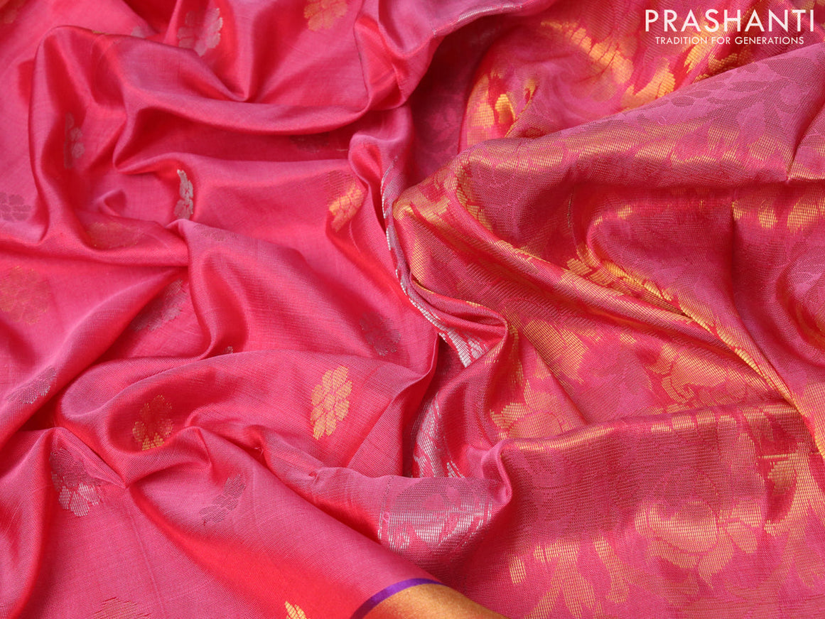 Pure uppada silk saree pink and violet with silver & gold zari woven floral buttas and long zari woven border