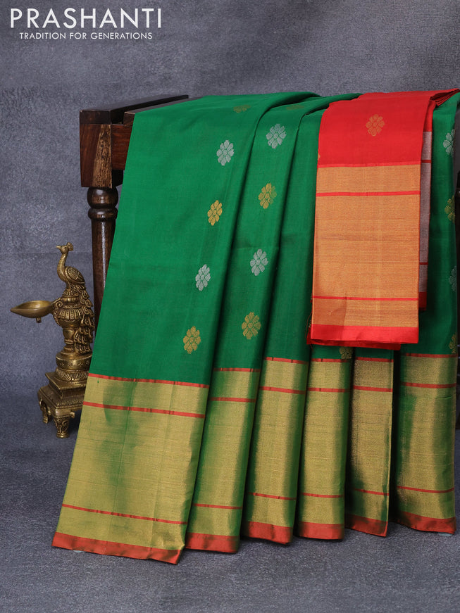 Pure uppada silk saree green and maroon with silver & gold zari woven floral buttas and long zari woven border