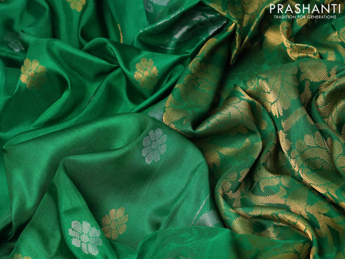 Pure uppada silk saree green and maroon with silver & gold zari woven floral buttas and long zari woven border