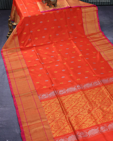 Pure uppada silk saree orange and pink with silver & gold zari woven floral buttas and long zari woven border