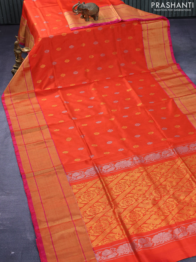 Pure uppada silk saree orange and pink with silver & gold zari woven floral buttas and long zari woven border