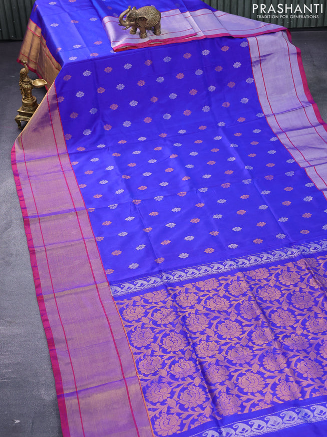 Pure uppada silk saree blue and maroon with silver & gold zari woven floral buttas and long zari woven border