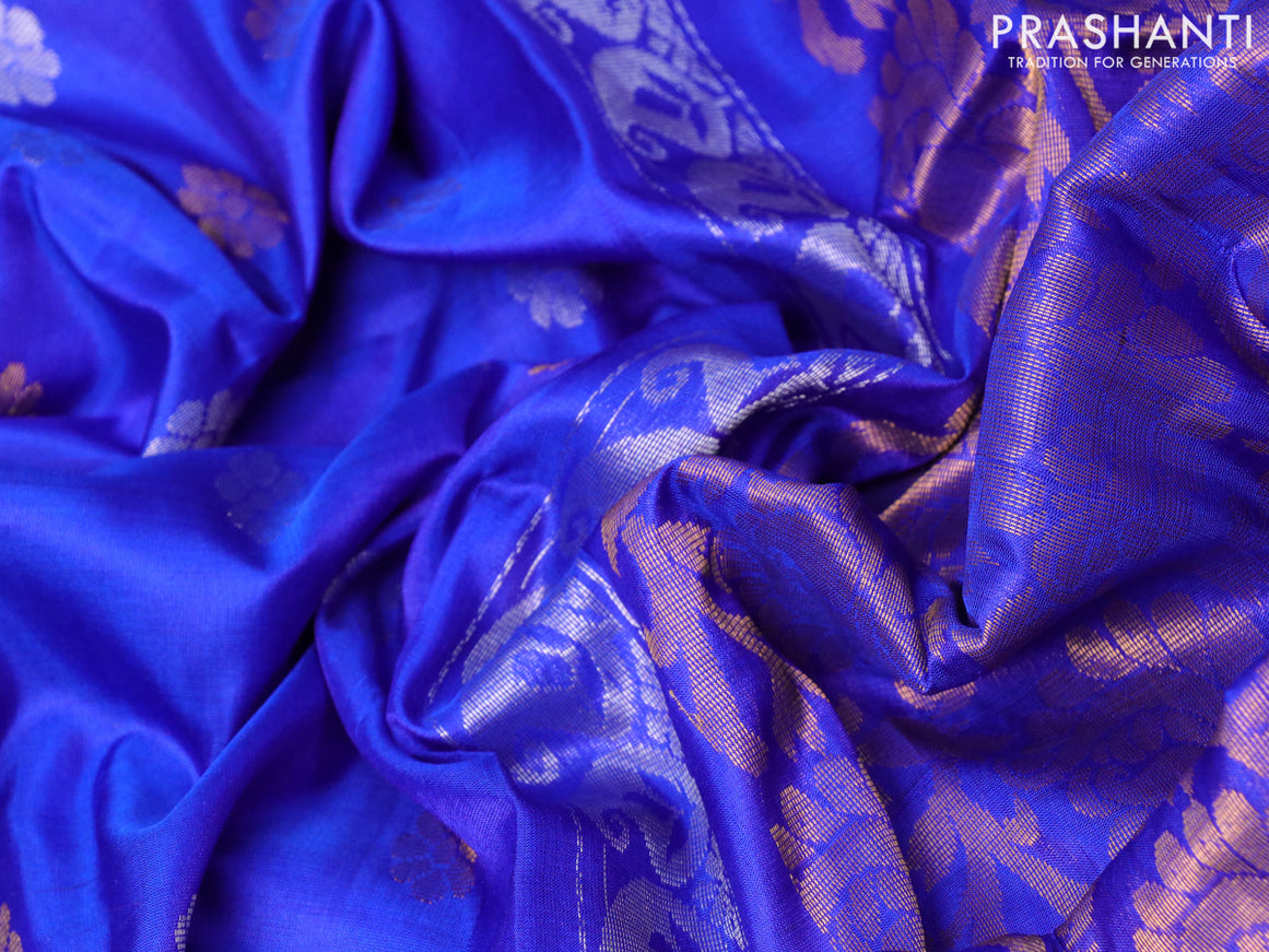 Pure uppada silk saree blue and maroon with silver & gold zari woven floral buttas and long zari woven border
