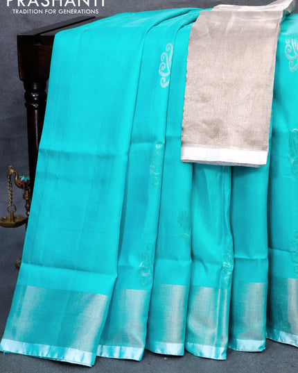 Pure uppada silk saree light blue with allover silver zari woven buttas and zari woven border