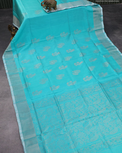 Pure uppada silk saree light blue with allover silver zari woven buttas and zari woven border