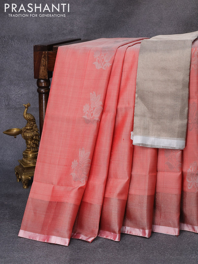 Pure uppada silk saree red shade with allover silver zari woven buttas and zari woven border