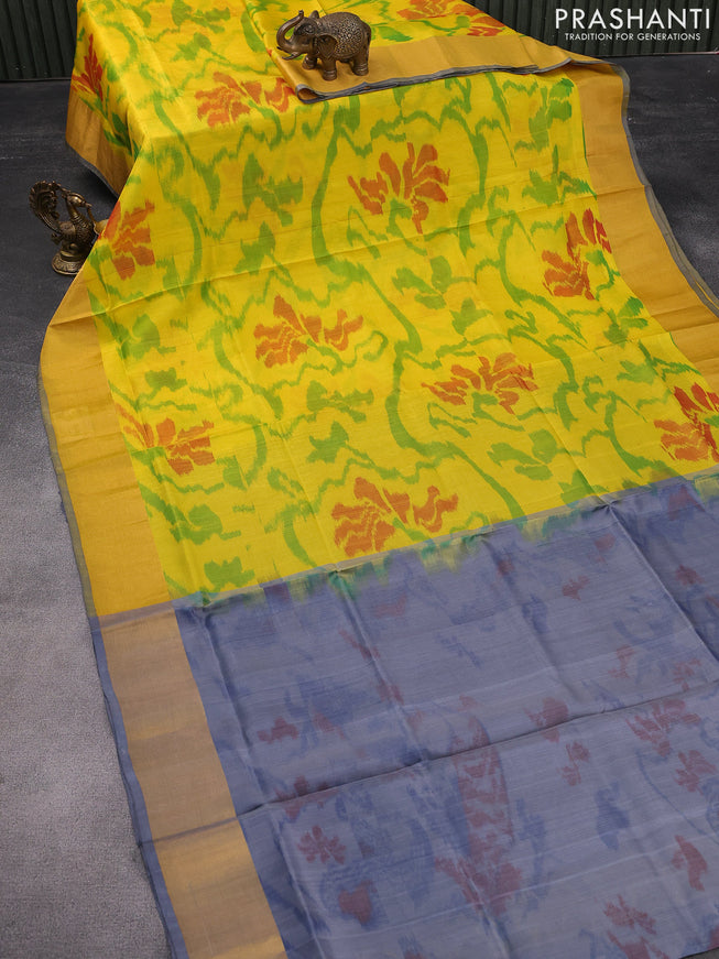 Pure uppada silk saree yellow and grey with allover ikat weaves and zari woven border