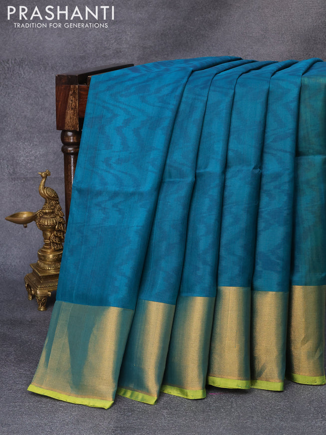 Pure uppada silk saree peacock green and lime yellow with allover ikat weaves and zari woven border