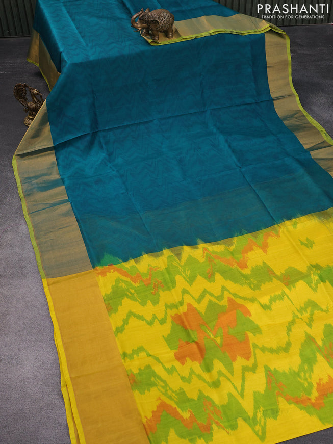 Pure uppada silk saree peacock green and lime yellow with allover ikat weaves and zari woven border