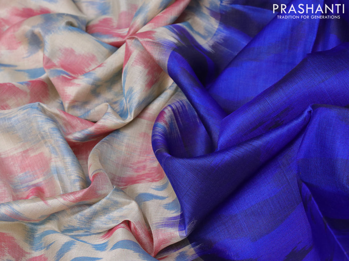 Pure uppada silk saree cream and blue with allover ikat weaves and zari woven border