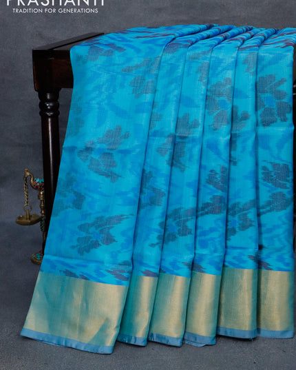 Pure uppada silk saree light blue and grey with allover ikat weaves and zari woven border