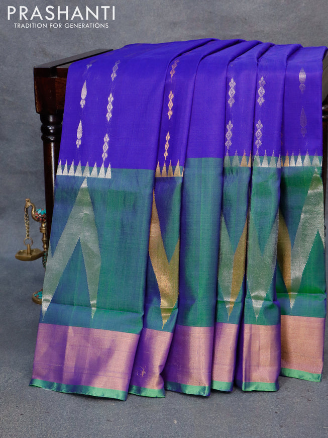 Pure uppada silk saree royal blue and green with silver & gold zari woven buttas and rich zari wpven border