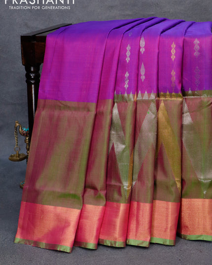 Pure uppada silk saree purple and green with silver & gold zari woven buttas and rich zari wpven border