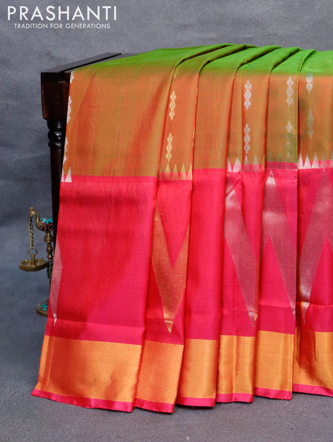Pure uppada silk saree dual shade of greenish maroon and dual shade of pink with silver & gold zari woven buttas and rich zari wpven border