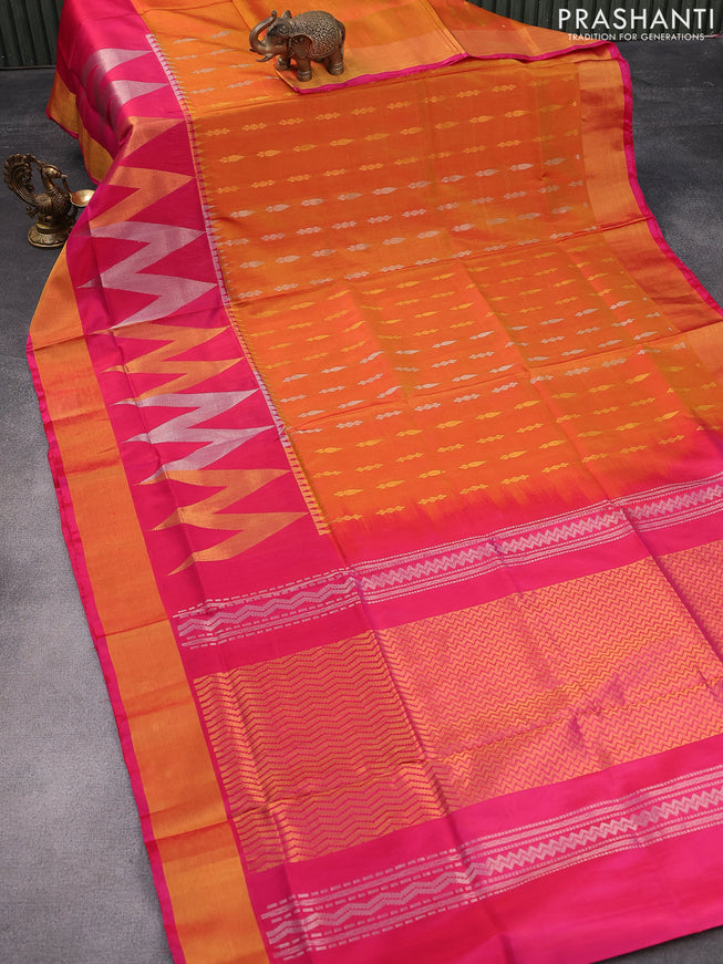 Pure uppada silk saree dual shade of sunset orange and pink with silver & gold zari woven buttas and rich zari wpven border