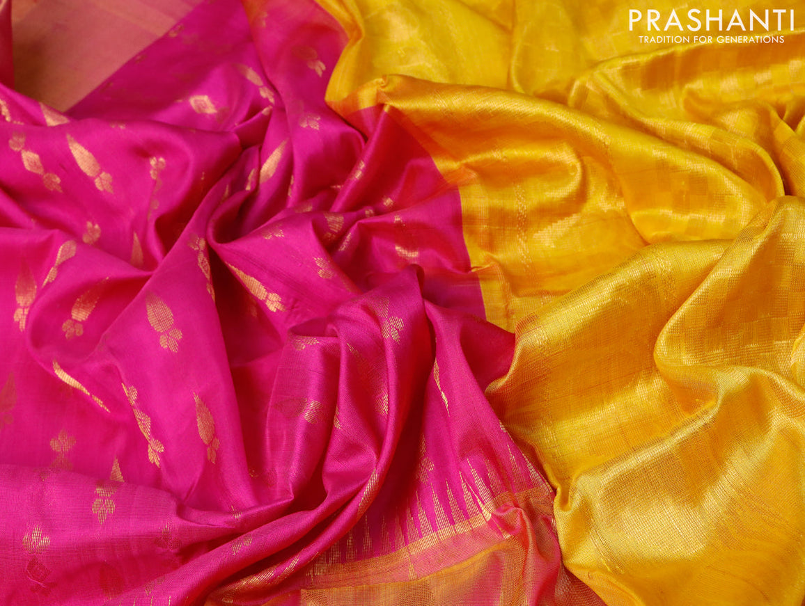 Pure uppada silk saree pink and mustard yellow with allover zari woven buttas and rich zari wpven border