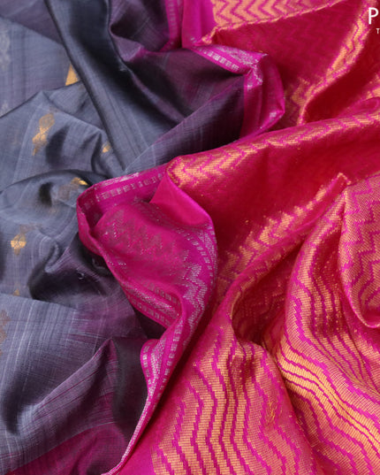 Pure uppada silk saree grey and dark magenta pink with silver & gold zari woven buttas and rich zari wpven border