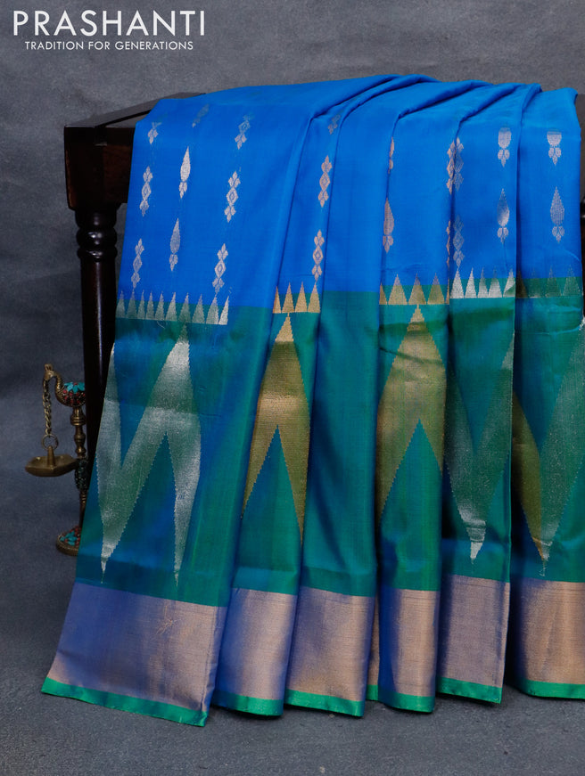 Pure uppada silk saree cs blue and green with silver & gold zari woven buttas and rich zari wpven border