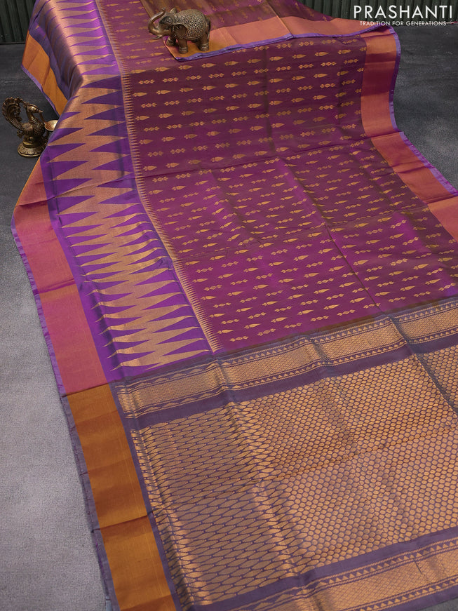 Pure uppada silk saree dual shade of purple and dual shdade of grey with allover zari woven buttas and rich zari wpven border