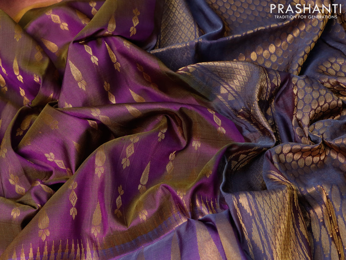 Pure uppada silk saree dual shade of purple and dual shdade of grey with allover zari woven buttas and rich zari wpven border
