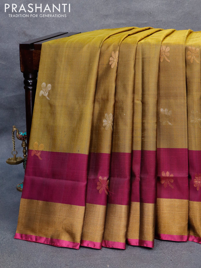 Pure uppada silk saree mehendi green and dark magenta pink with silver & gold zari woven buttas and zari woven border