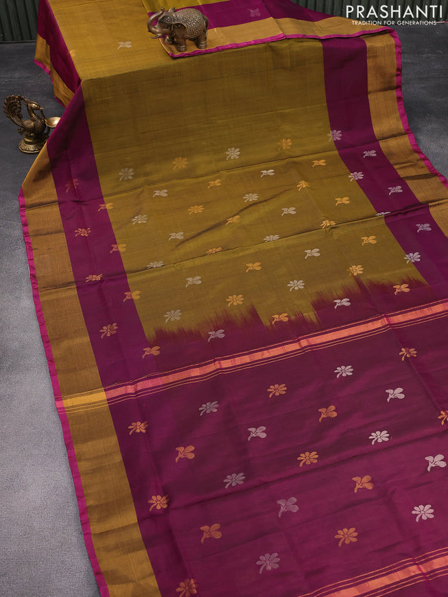 Pure uppada silk saree mehendi green and dark magenta pink with silver & gold zari woven buttas and zari woven border
