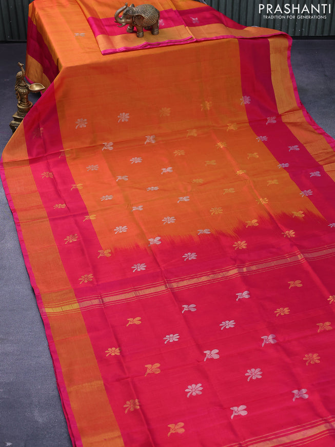 Pure uppada silk saree dual shade of sunset orange and dual shade of pink with silver & gold zari woven buttas and zari woven border