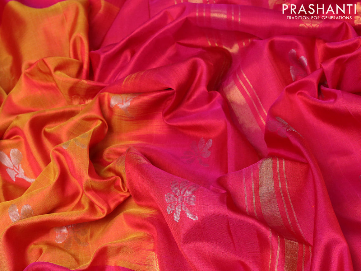 Pure uppada silk saree dual shade of sunset orange and dual shade of pink with silver & gold zari woven buttas and zari woven border
