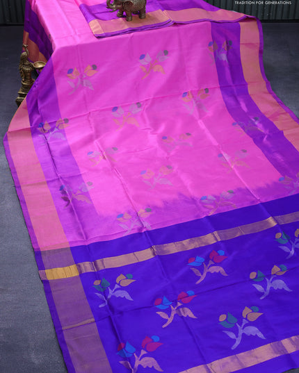 Pure uppada silk saree light pink and blue with zari woven jamdhani buttas and zari woven border