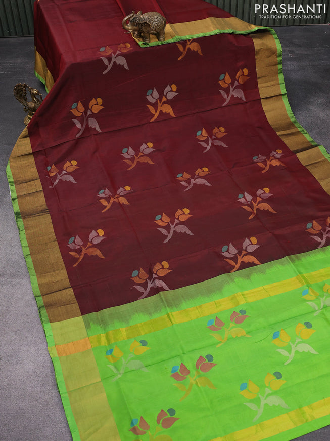 Pure uppada silk saree deep maroon and light green with zari woven jamdhani buttas and zari woven border