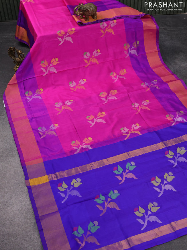 Pure uppada silk saree pink and blue with zari woven jamdhani buttas and zari woven border