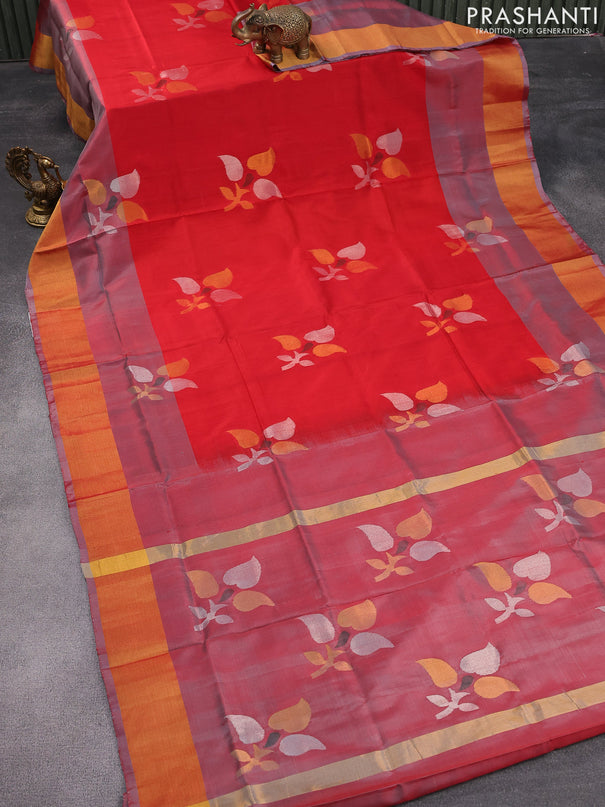 Pure uppada silk saree red and grey with zari woven jamdhani buttas and zari woven border