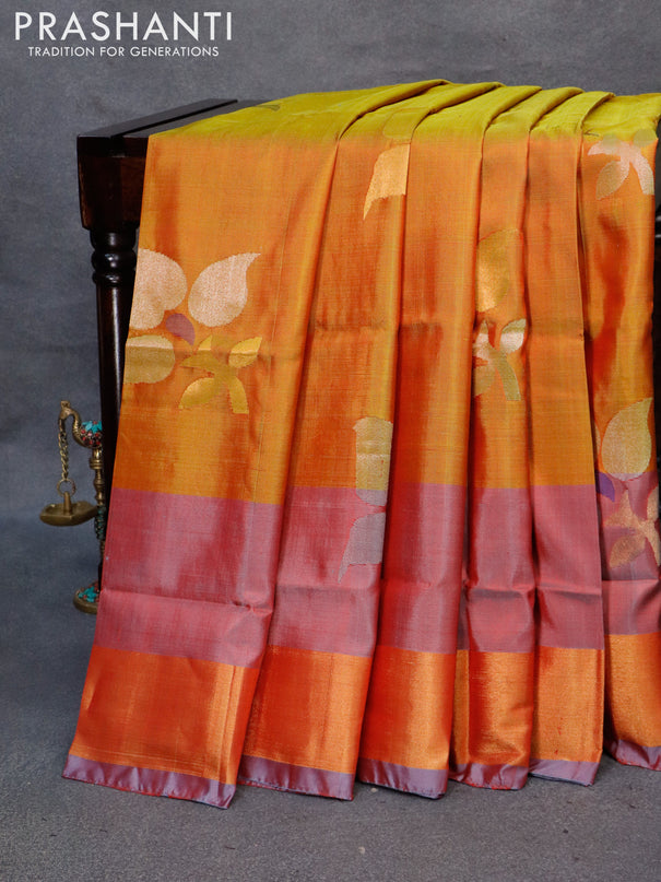 Pure uppada silk saree dual shade of mustard yellow and grey with zari woven jamdhani buttas and zari woven border
