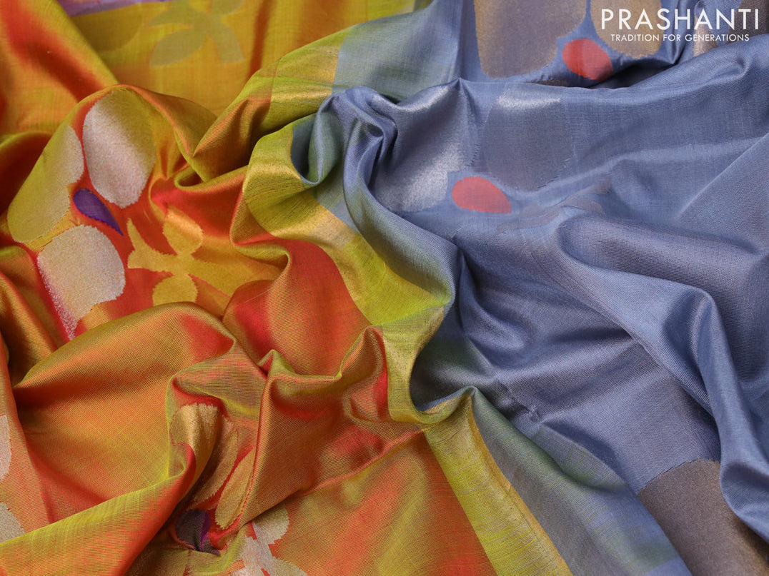 Pure uppada silk saree dual shade of mustard yellow and grey with zari woven jamdhani buttas and zari woven border