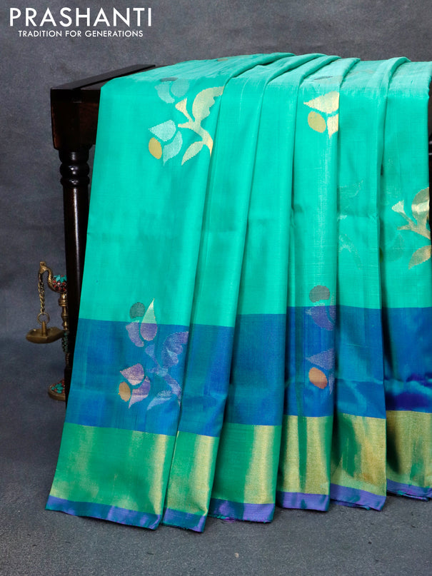 Pure uppada silk saree teal green and blue with zari woven jamdhani buttas and zari woven border