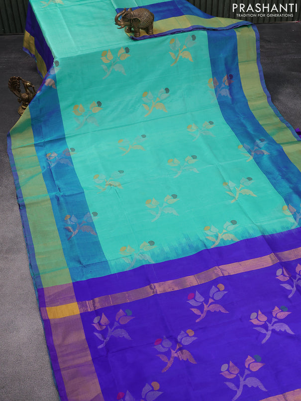 Pure uppada silk saree teal green and blue with zari woven jamdhani buttas and zari woven border