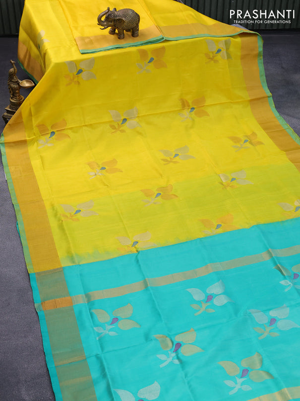 Pure uppada silk saree yellow and teal green with zari woven jamdhani buttas and zari woven border
